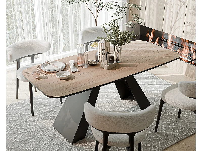 Table à manger extensible 180/218 en MDF, pieds en métal noir, chêne artisanal doré