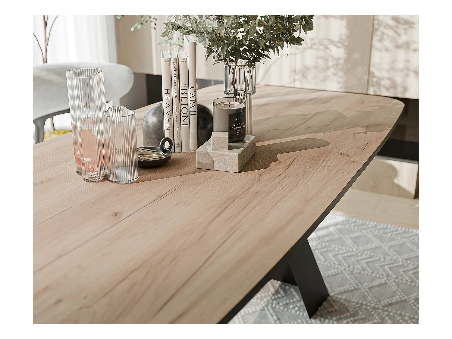 Table à manger extensible 180/218 en MDF, pieds en métal noir, chêne artisanal doré