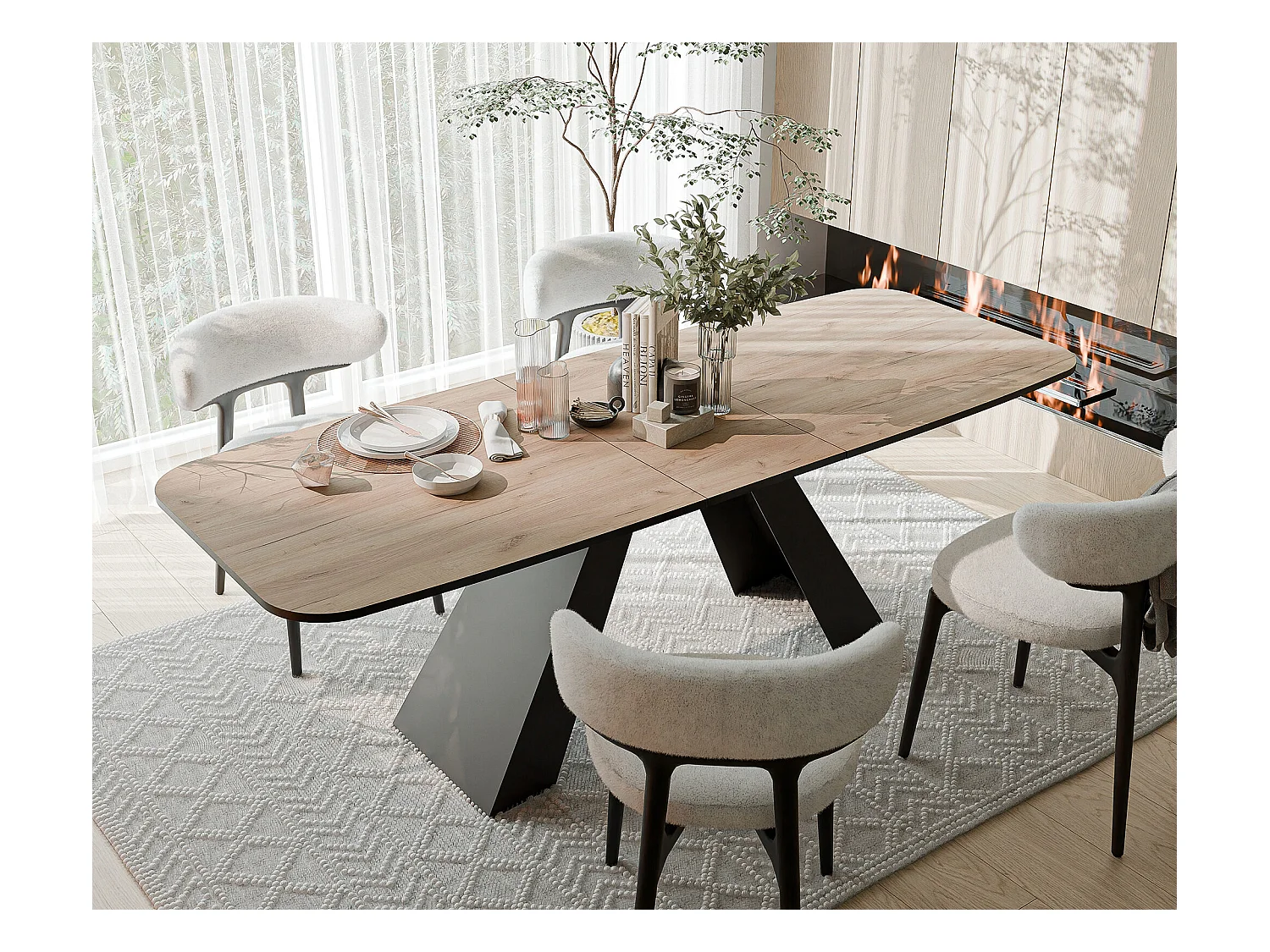 Table à manger extensible 180/218 en MDF, pieds en métal noir, chêne artisanal doré