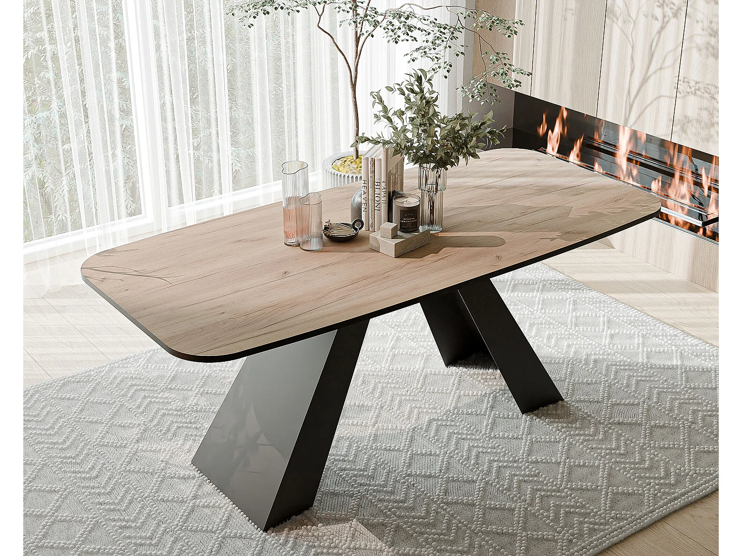 Table à manger extensible 180/218 en MDF, pieds en métal noir, chêne artisanal doré