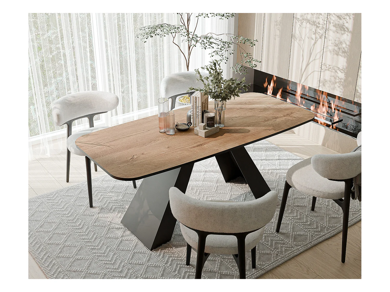 Table à manger extensible 180/218 en MDF, pieds en métal noir, chêne de Lefkas