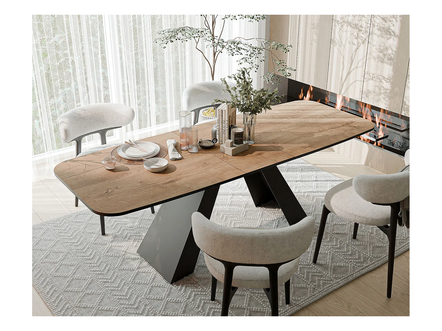 Table à manger extensible 180/218 en MDF, pieds en métal noir, chêne de Lefkas