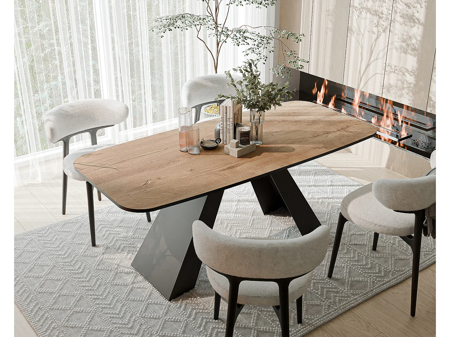 Table à manger extensible 180/218 en MDF, pieds en métal noir, chêne de Lefkas