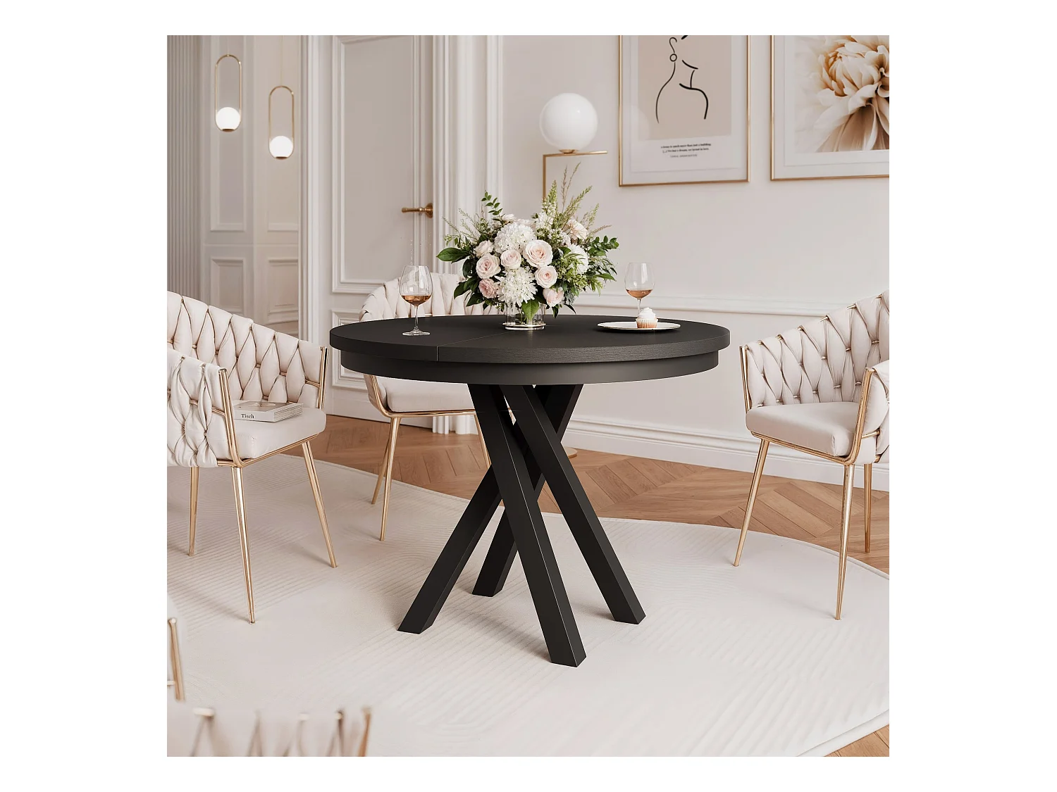 Table à manger extensible pour 4 personnes couleur noire avec pieds en métal - 100/140 cm - LORIEN