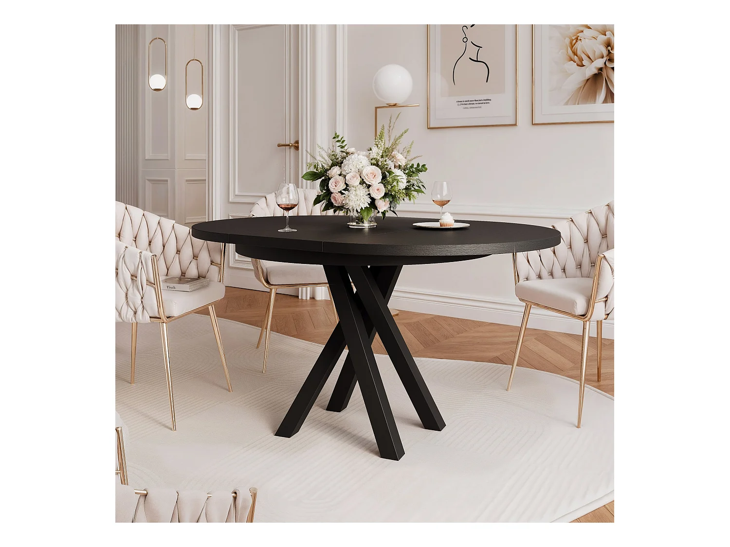 Table à manger extensible pour 4 personnes couleur noire avec pieds en métal - 100/140 cm - LORIEN