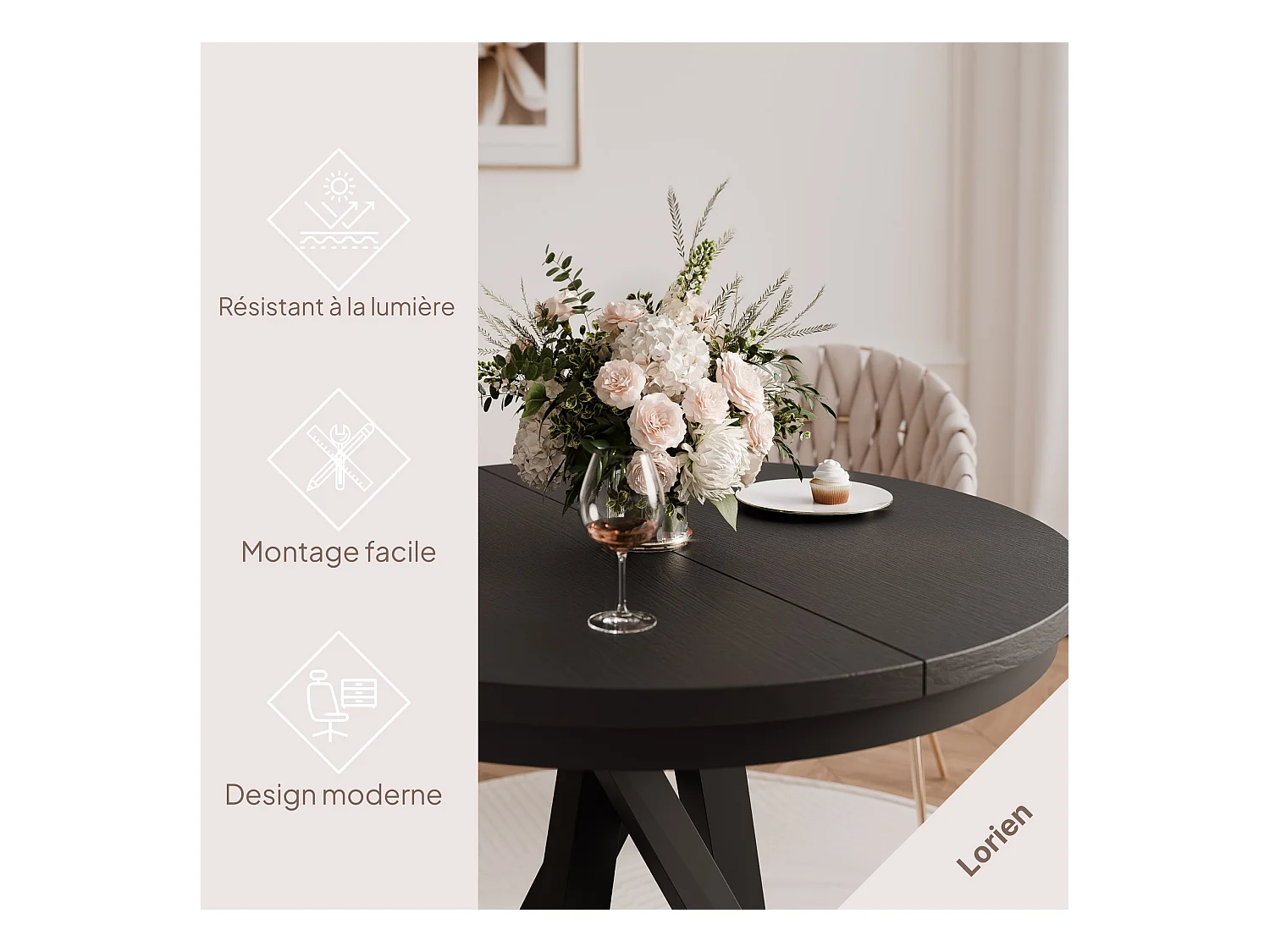 Table à manger extensible pour 4 personnes couleur noire avec pieds en métal - 100/140 cm - LORIEN