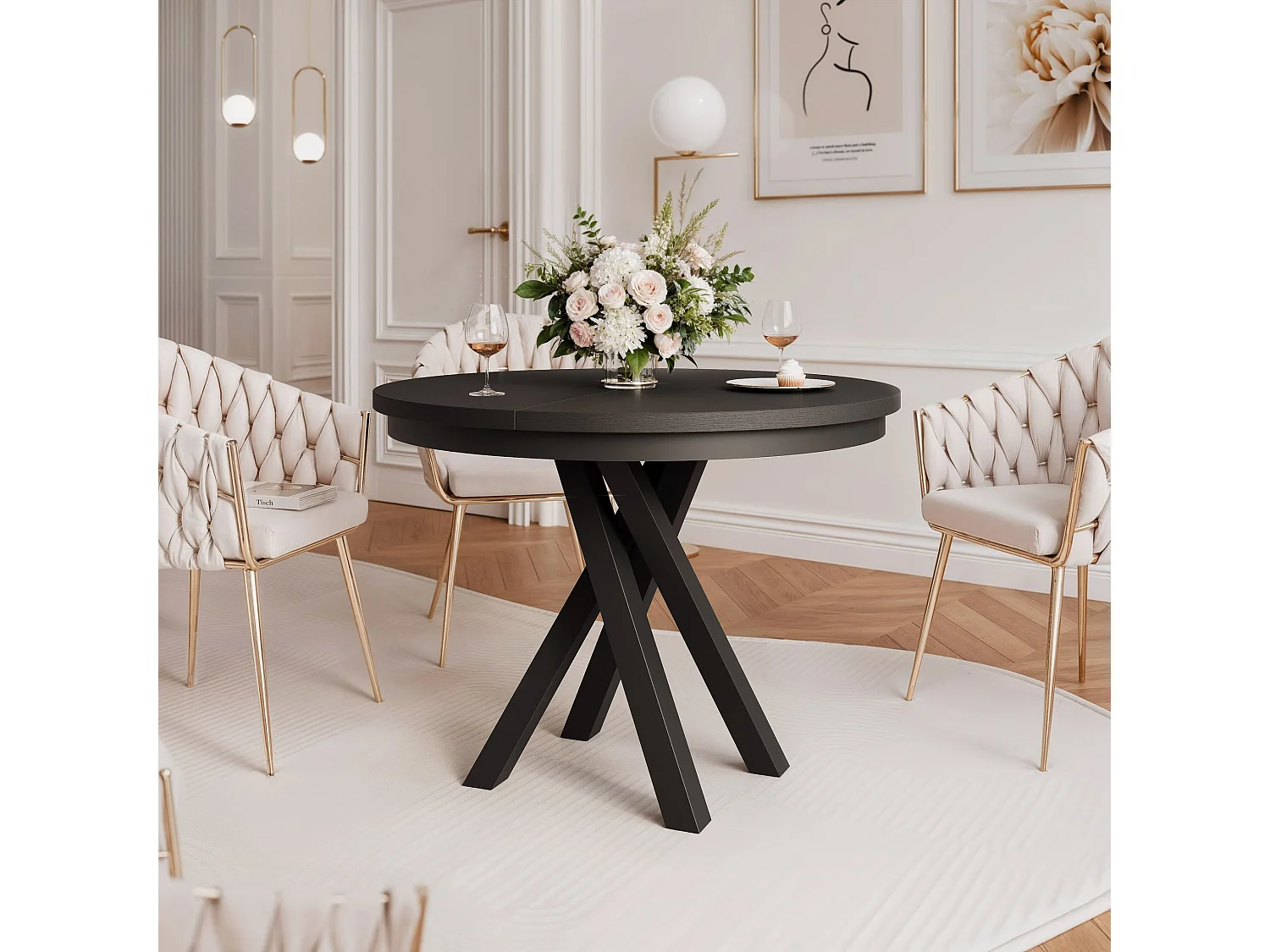 Table à manger extensible pour 4 personnes couleur noire avec pieds en métal - 100/140 cm - LORIEN