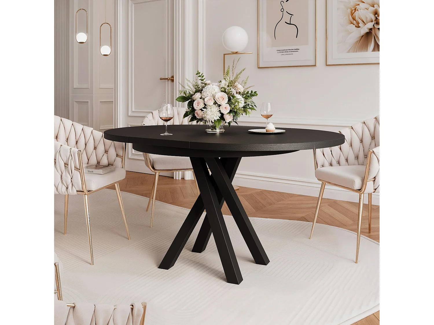 Table à manger extensible pour 4 personnes couleur noire avec pieds en métal - 100/140 cm - LORIEN