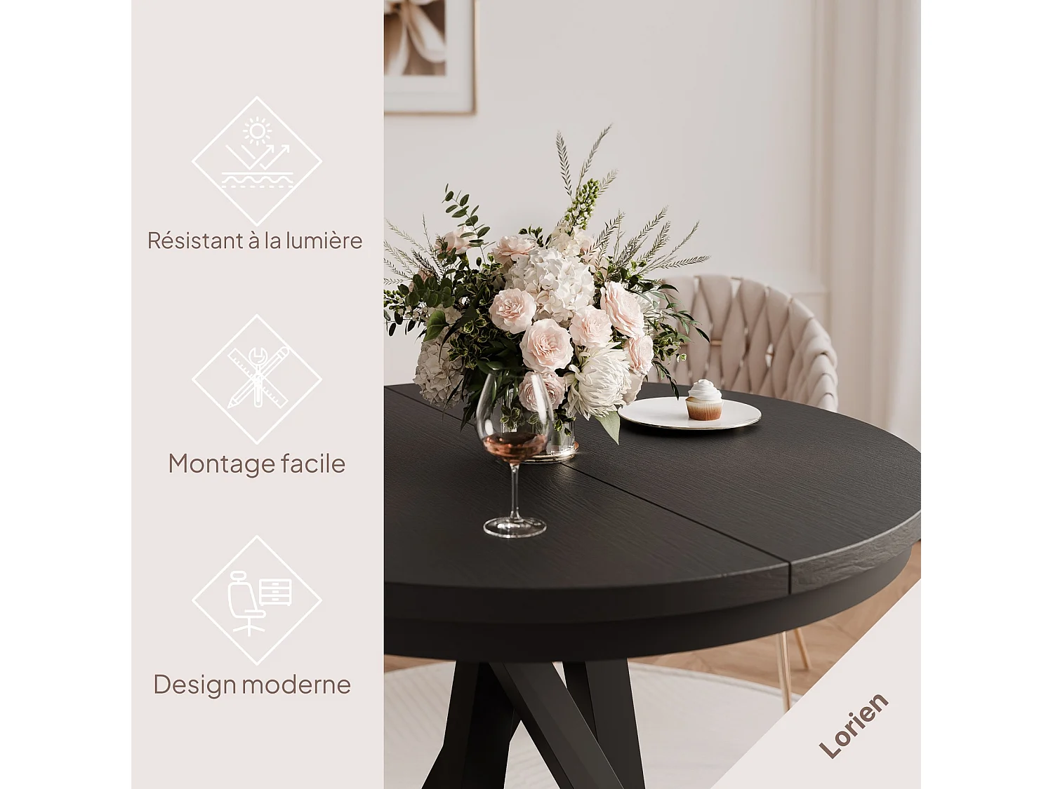 Table à manger extensible pour 4 personnes couleur noire avec pieds en métal - 100/140 cm - LORIEN