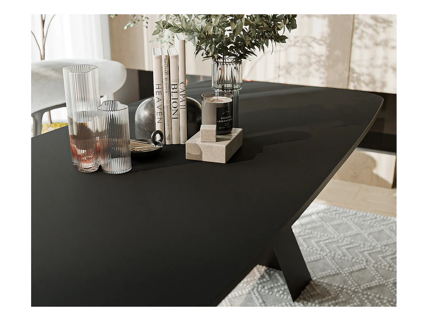 Table à manger extensible 180/218 en MDF, pieds en métal noir, molet noir