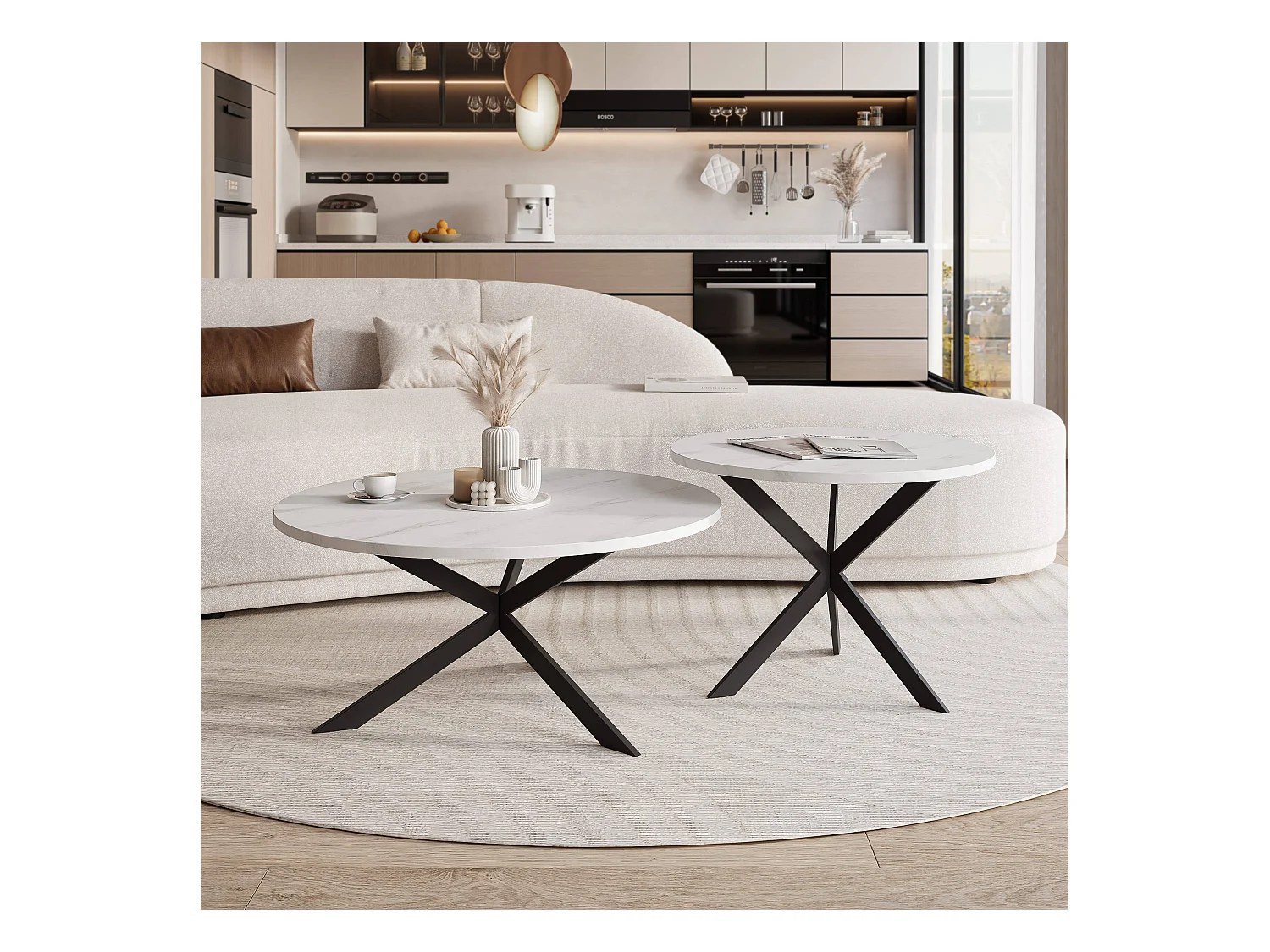 Tables basses gigognes LIBERO - Marbre blanc et métal noir