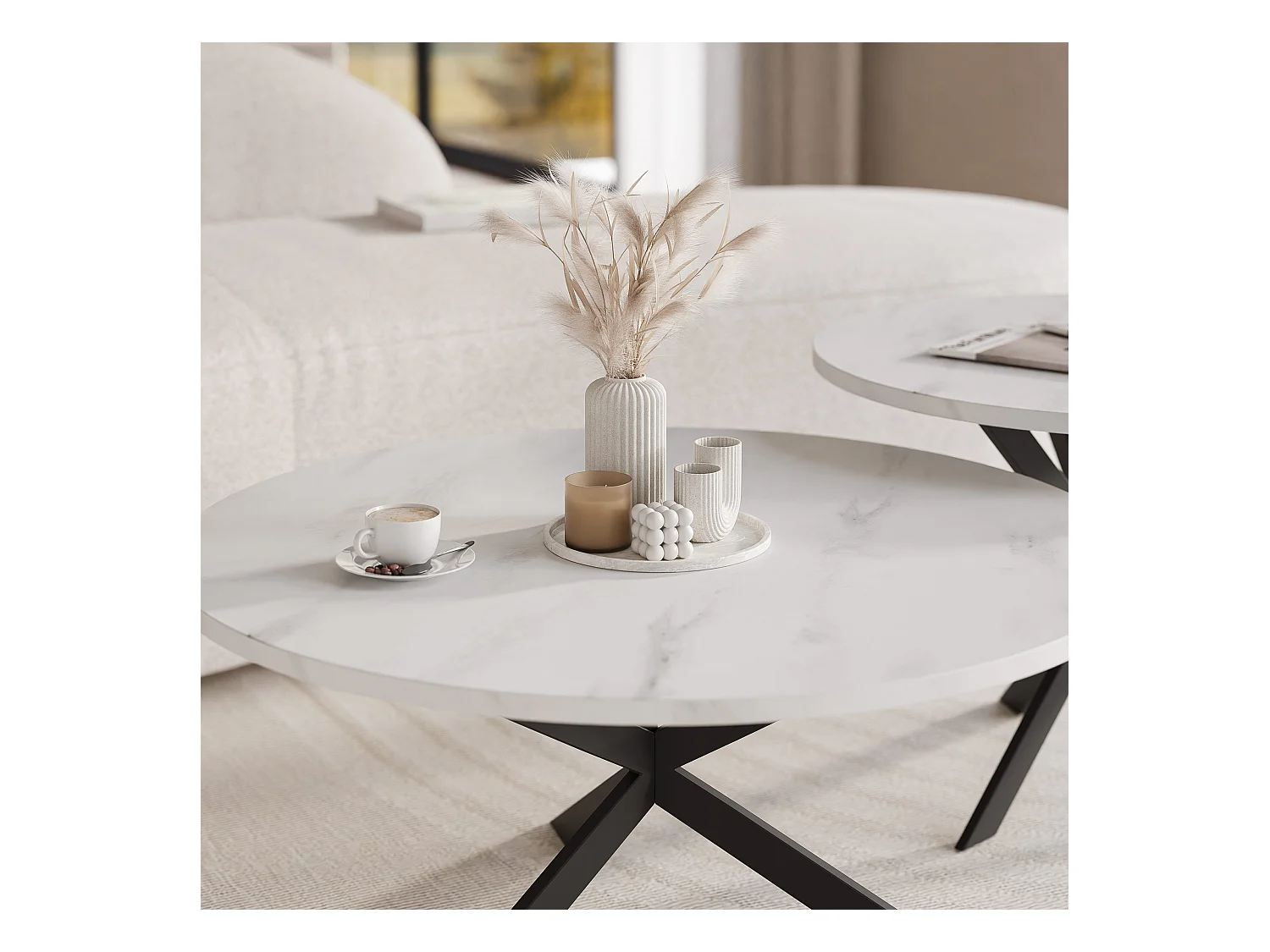 Tables basses gigognes LIBERO - Marbre blanc et métal noir