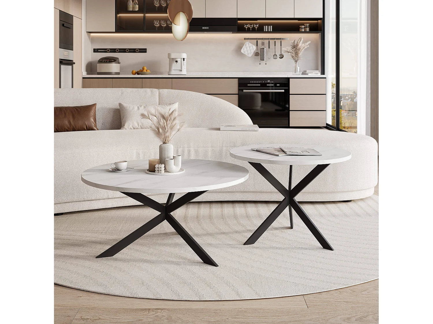 Tables basses gigognes LIBERO - Marbre blanc et métal noir