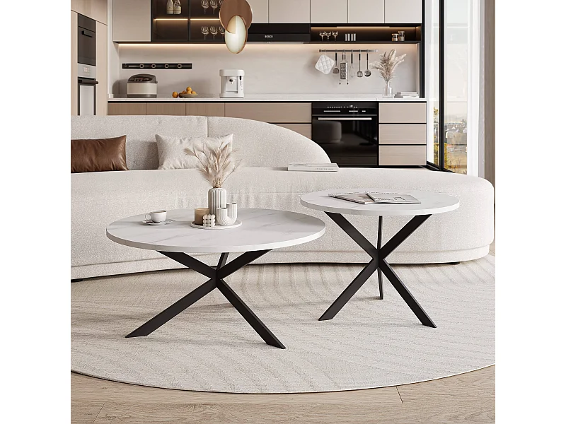 Tables basses gigognes LIBERO - Marbre blanc et métal noir