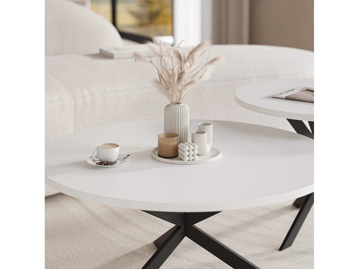 Tables basses gigognes LIBERO - blanc et métal noir