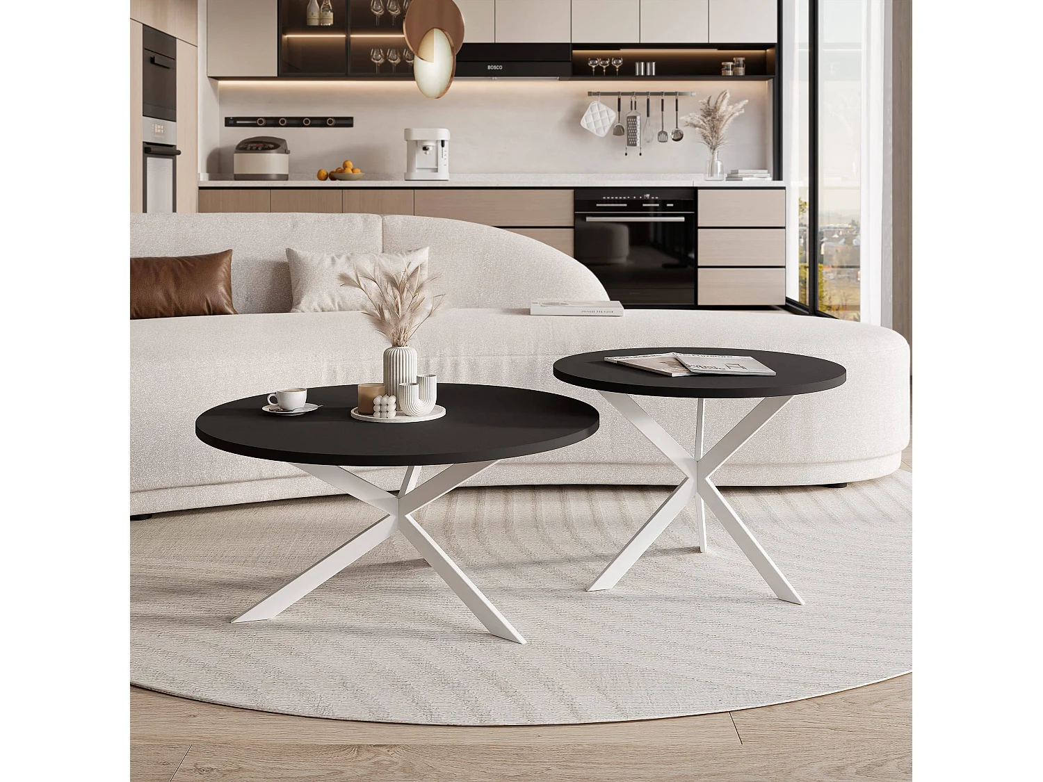 Tables basses gigognes LIBERO - noir et métal blanc