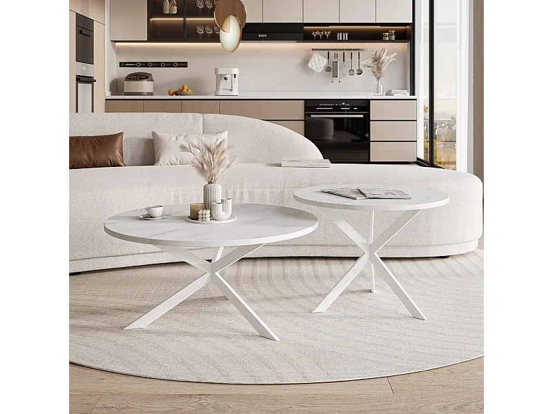 Tables basses gigognes LIBERO - Marbre blanc et métal blanc
