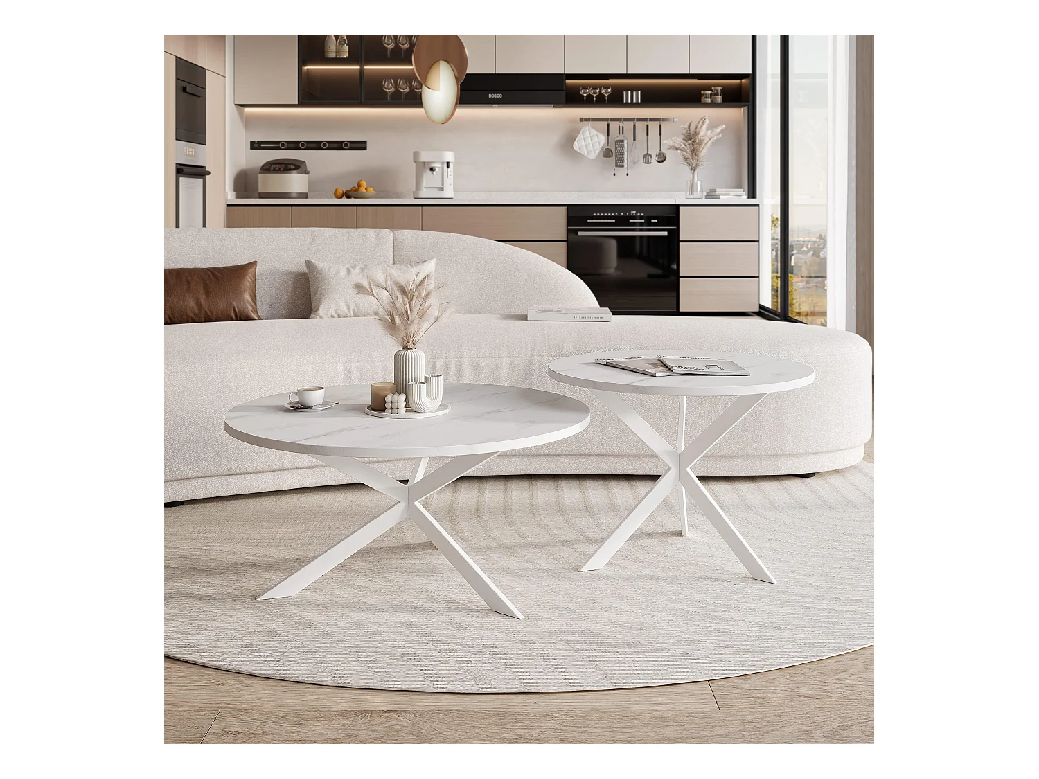 Tables basses gigognes LIBERO - Marbre blanc et métal blanc