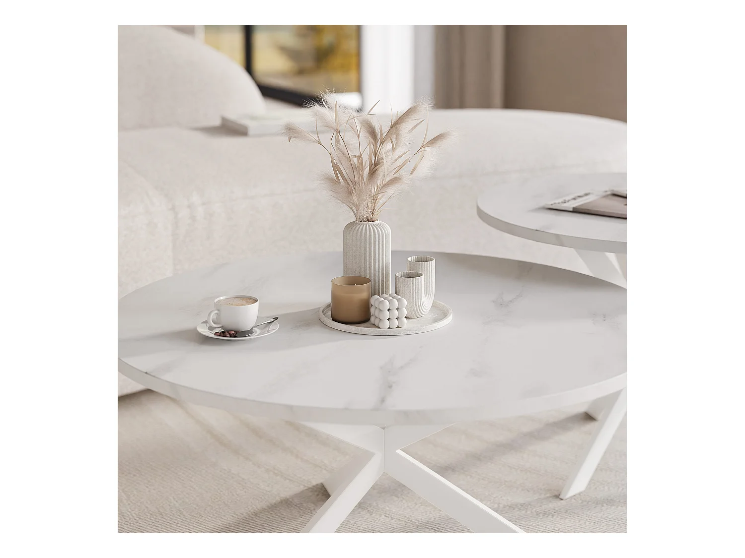 Tables basses gigognes LIBERO - Marbre blanc et métal blanc