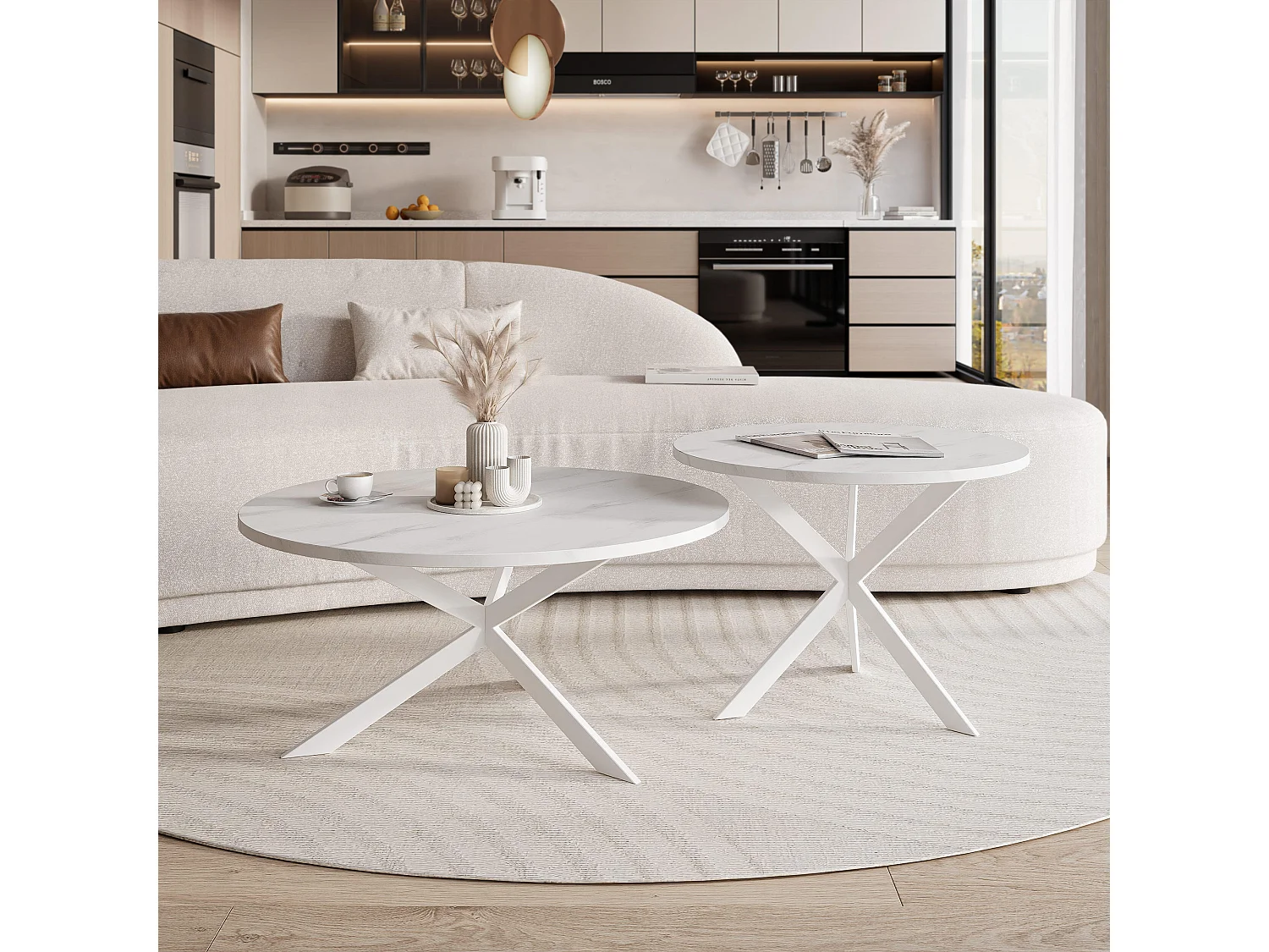 Tables basses gigognes LIBERO - Marbre blanc et métal blanc