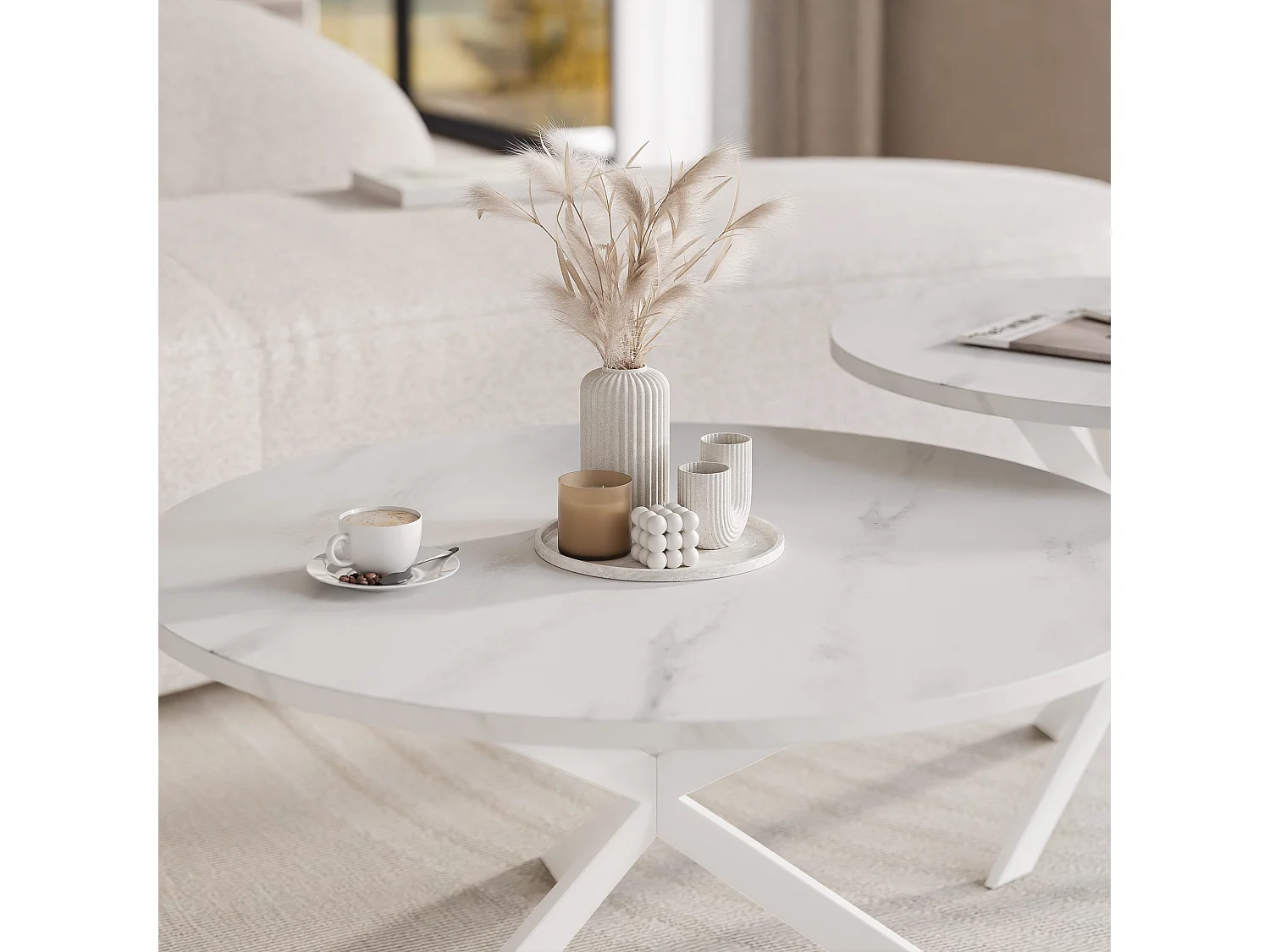 Tables basses gigognes LIBERO - Marbre blanc et métal blanc