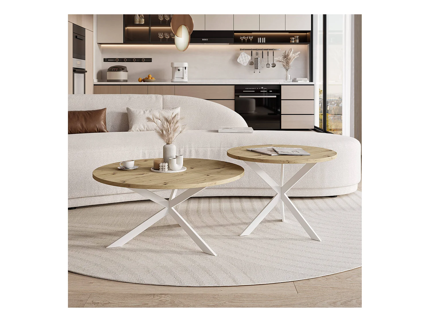 Tables basses gigognes LIBERO - chêne artisanal et métal blanc