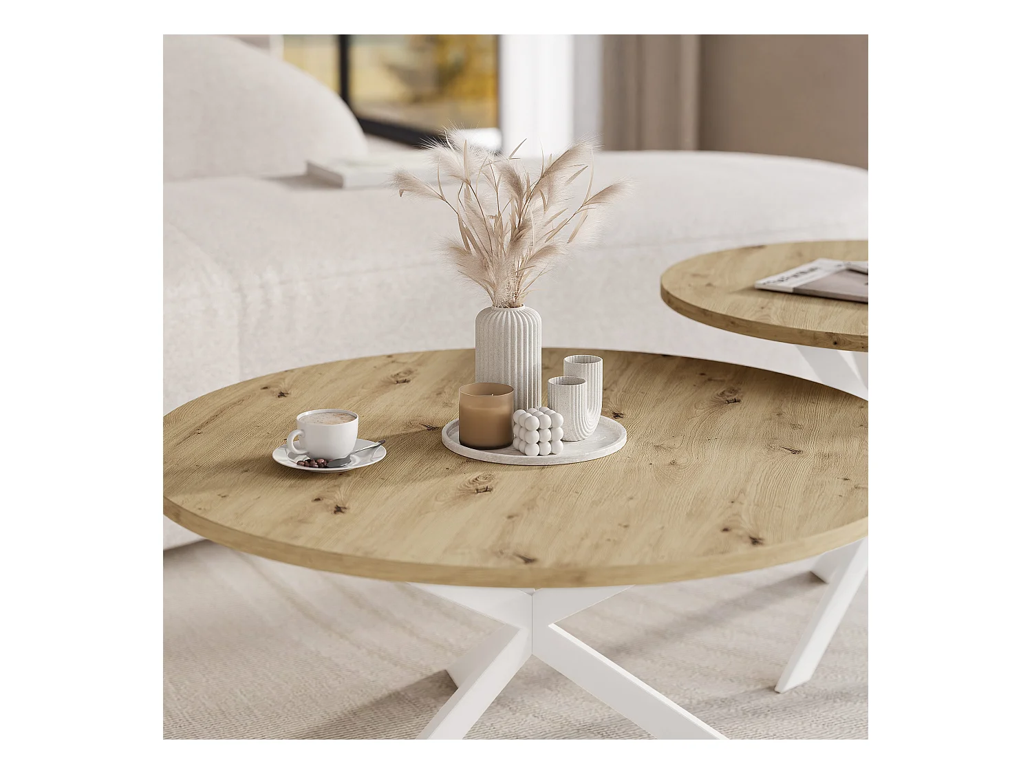 Tables basses gigognes LIBERO - chêne artisanal et métal blanc