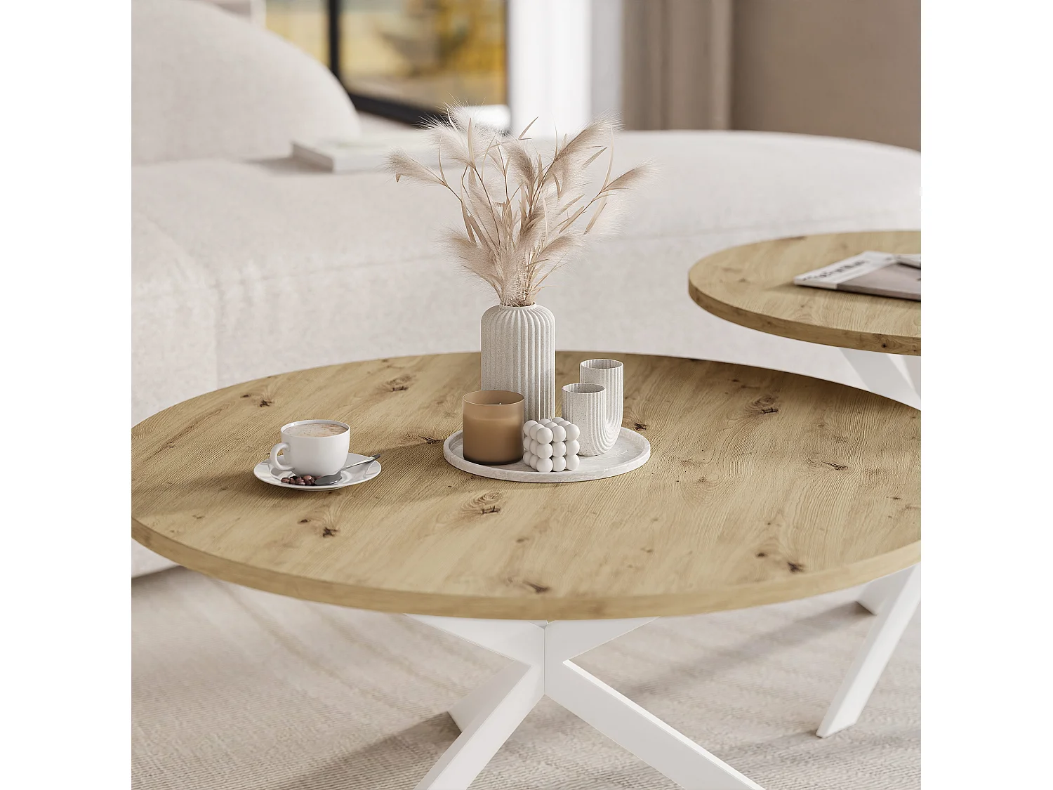 Tables basses gigognes LIBERO - chêne artisanal et métal blanc