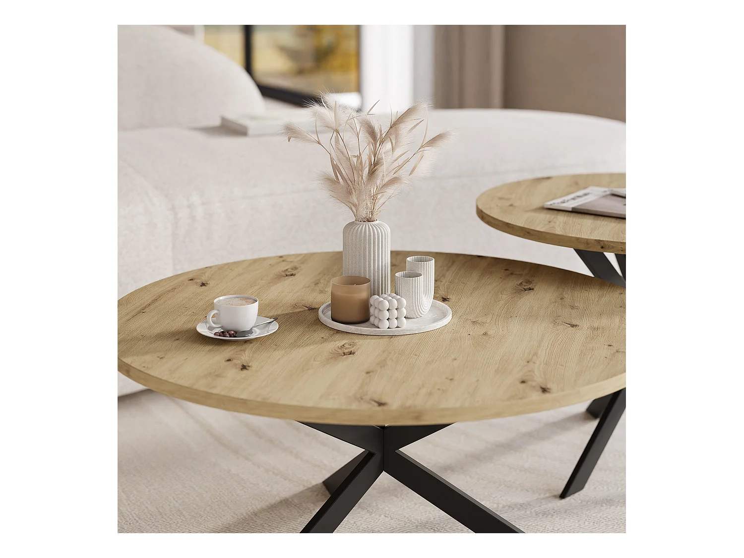 Tables basses gigognes LIBERO - chêne artisanal et métal noir