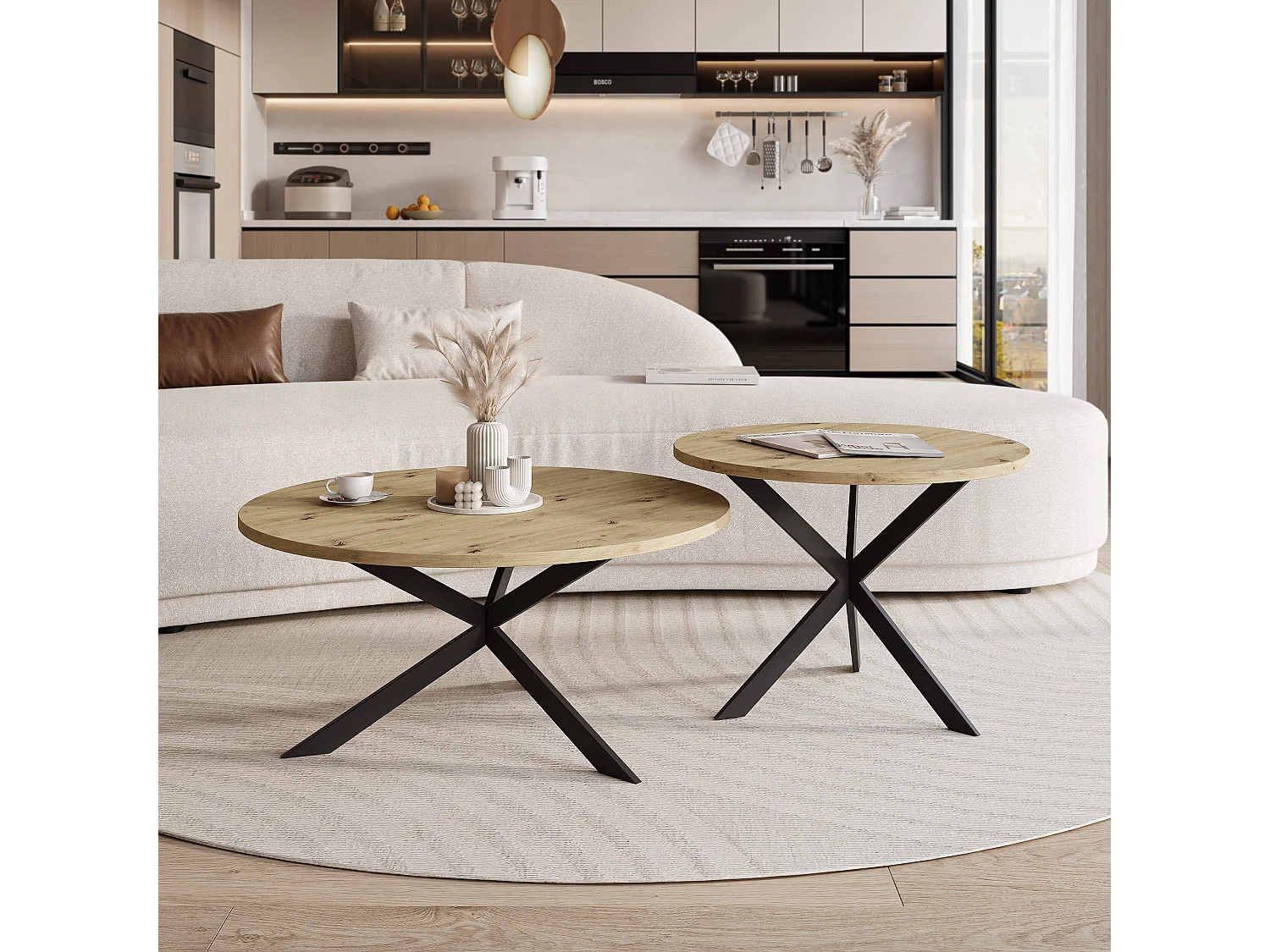 Tables basses gigognes LIBERO - chêne artisanal et métal noir