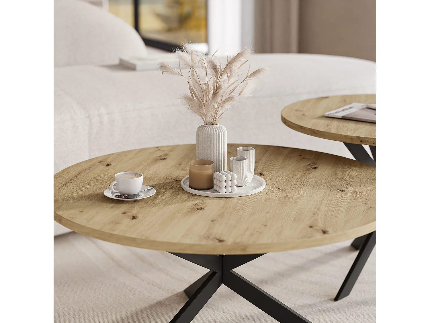 Tables basses gigognes LIBERO - chêne artisanal et métal noir