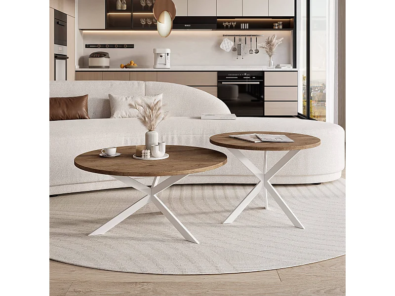 Tables basses gigognes LIBERO - chêne Lefkas et métal blanc