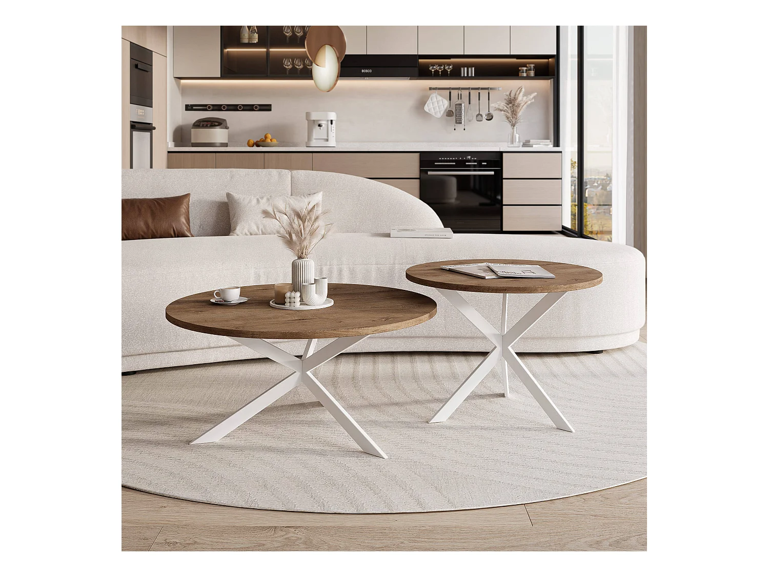 Tables basses gigognes LIBERO - chêne Lefkas et métal blanc