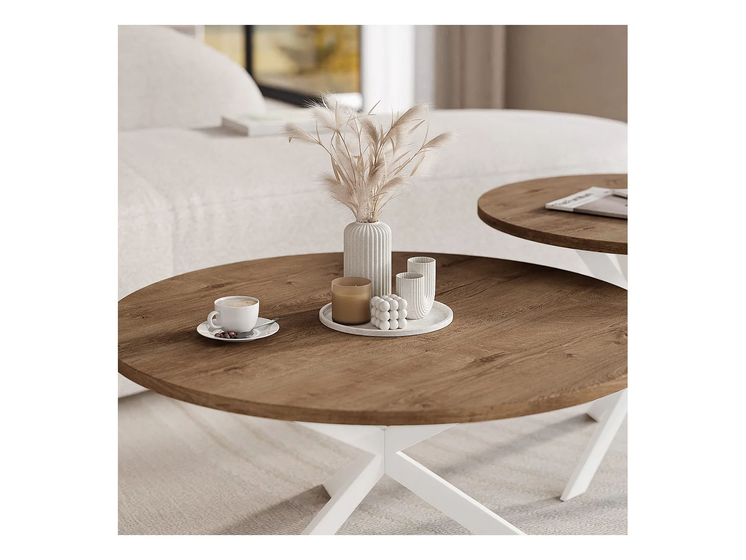 Tables basses gigognes LIBERO - chêne Lefkas et métal blanc