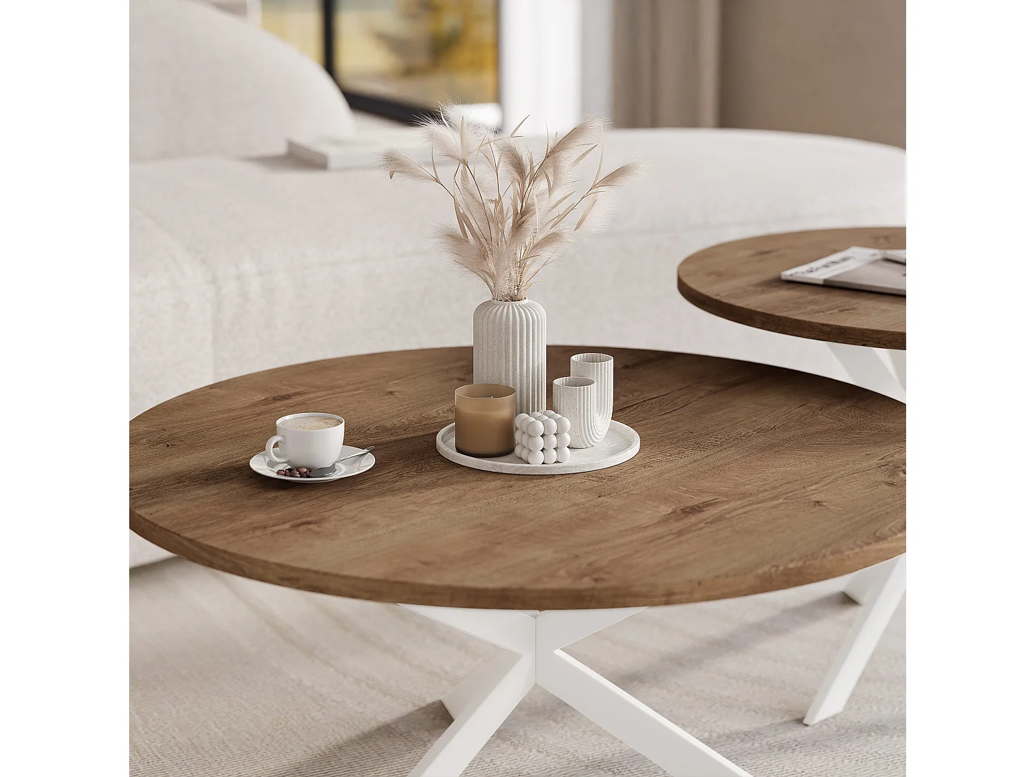 Tables basses gigognes LIBERO - chêne Lefkas et métal blanc