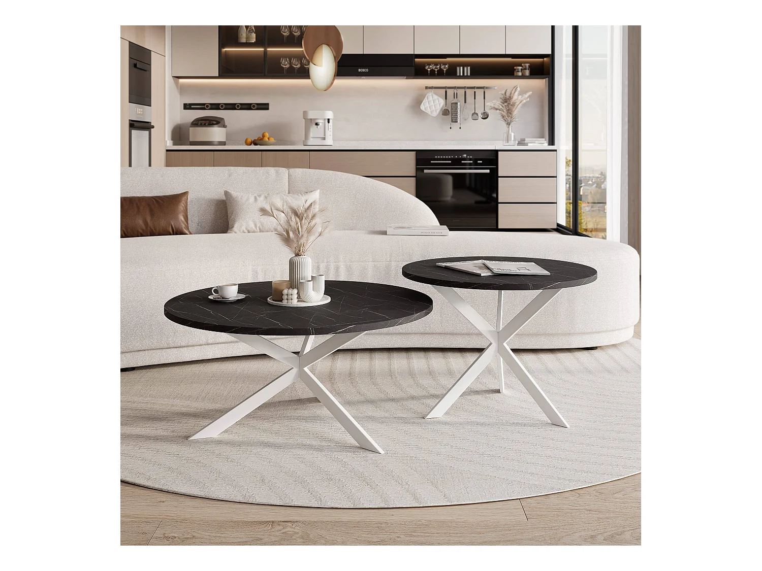 Tables basses gigognes LIBERO - noir et métal blanc