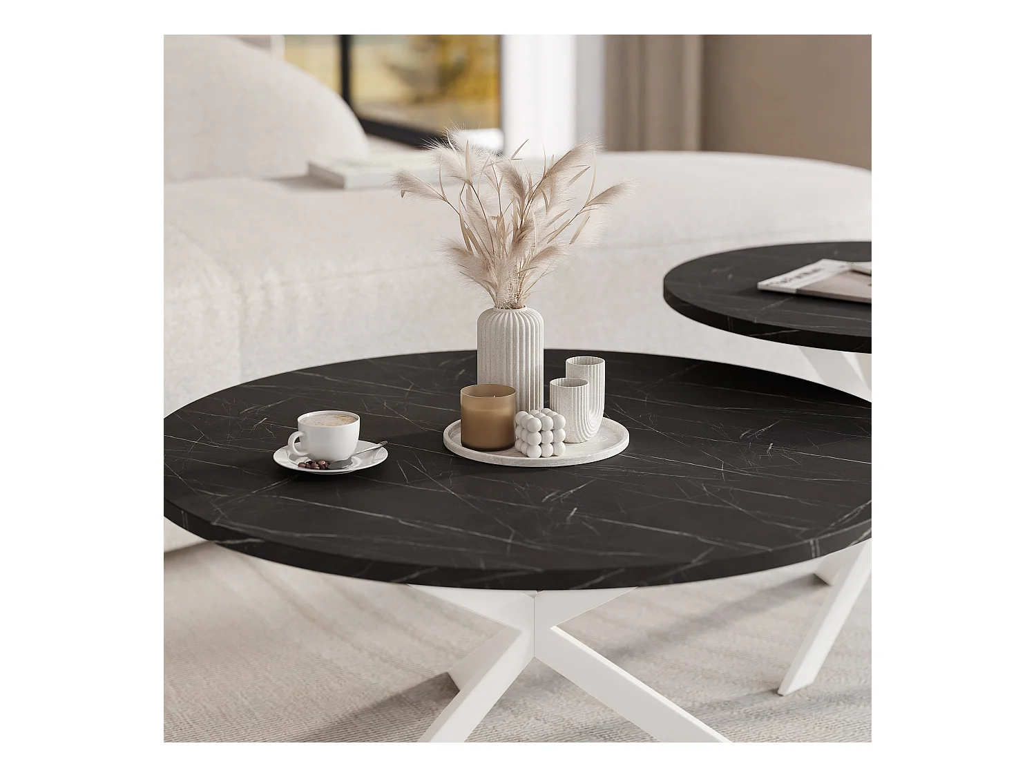 Tables basses gigognes LIBERO - noir et métal blanc