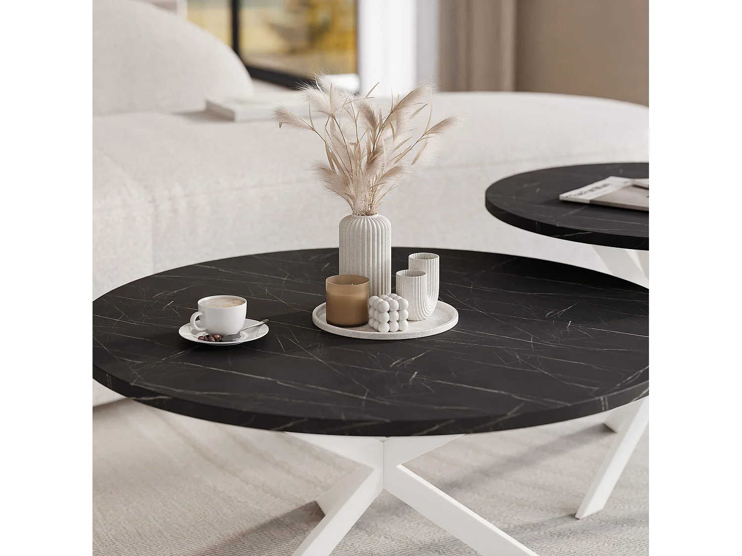 Tables basses gigognes LIBERO - noir et métal blanc