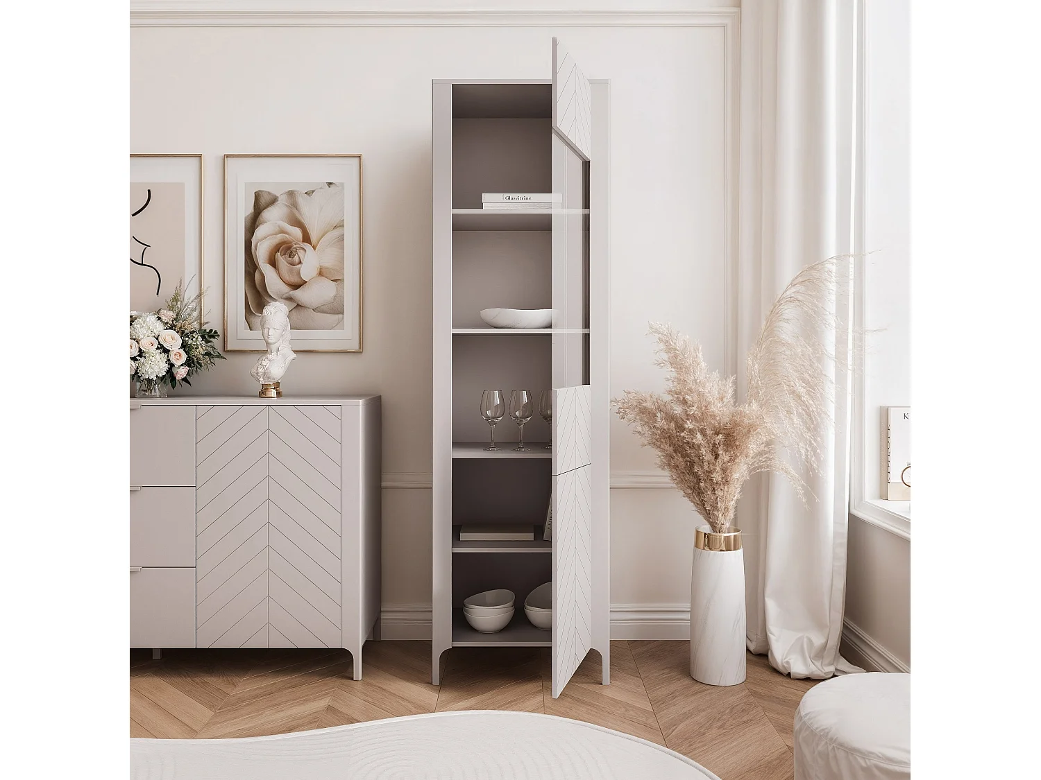 Vitrine moderne à chevrons avec 1 porte - Cachemire - LORIEN