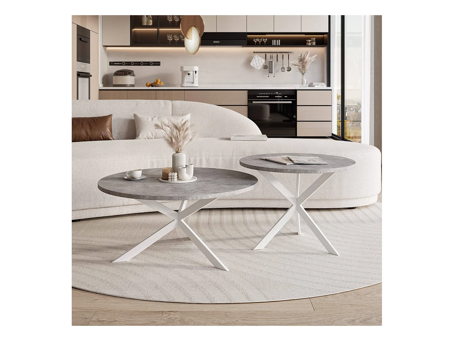 Tables basses gigognes LIBERO - gris et métal blanc