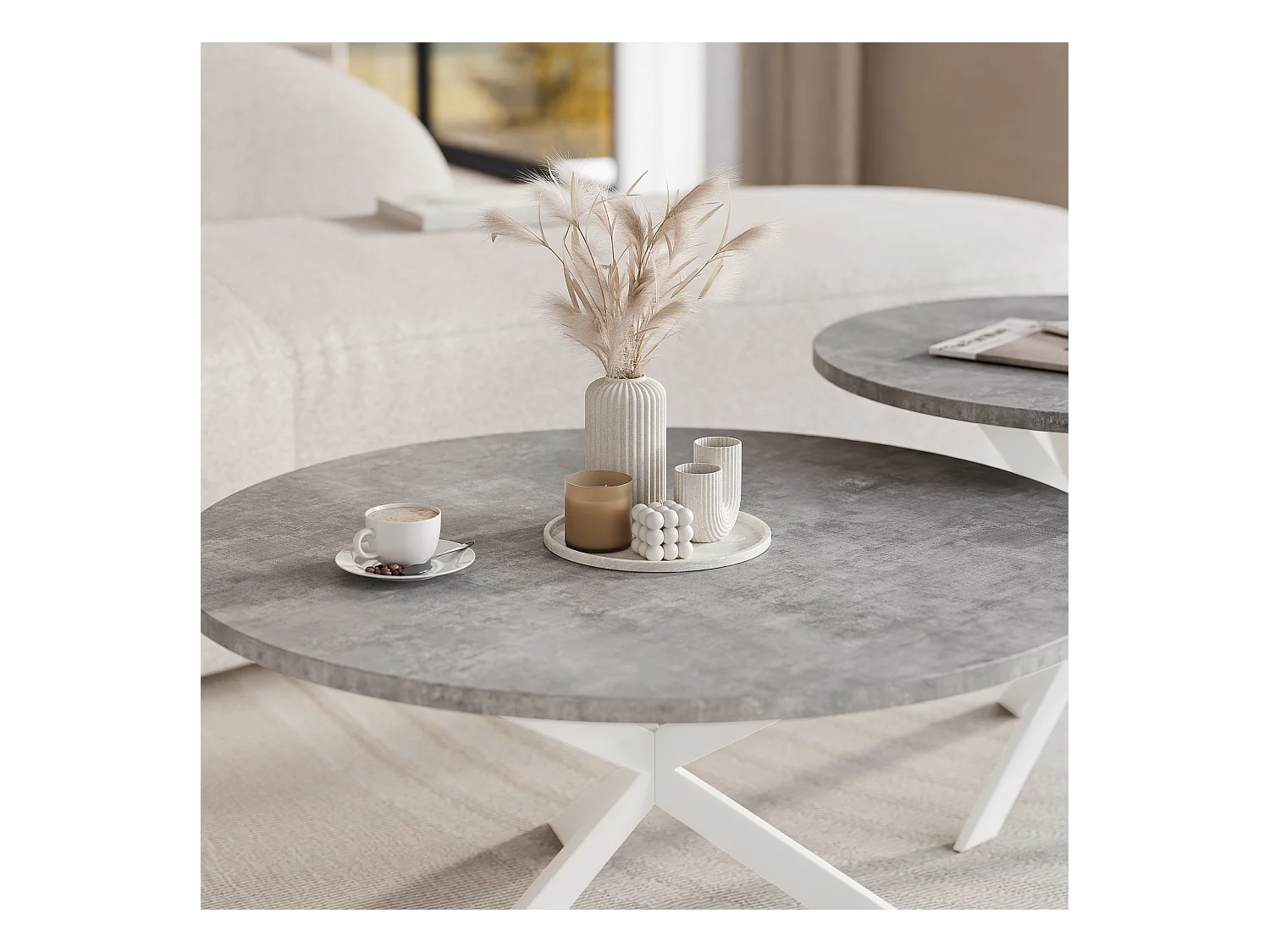 Tables basses gigognes LIBERO - gris et métal blanc