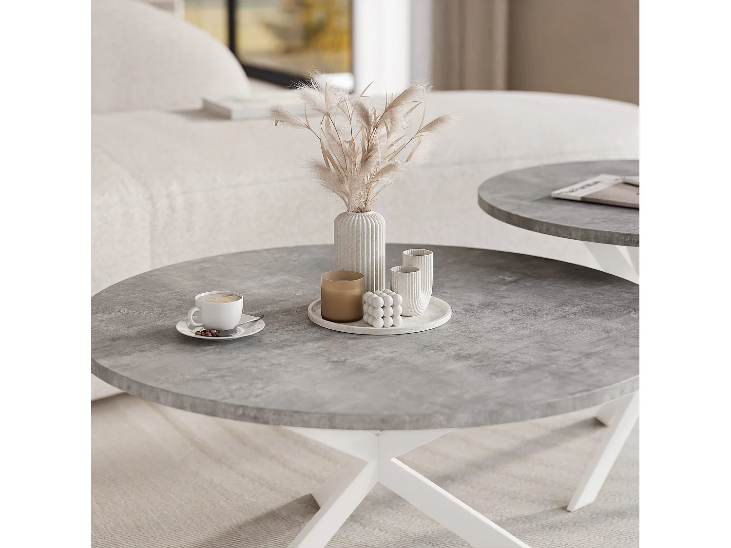 Tables basses gigognes LIBERO - gris et métal blanc