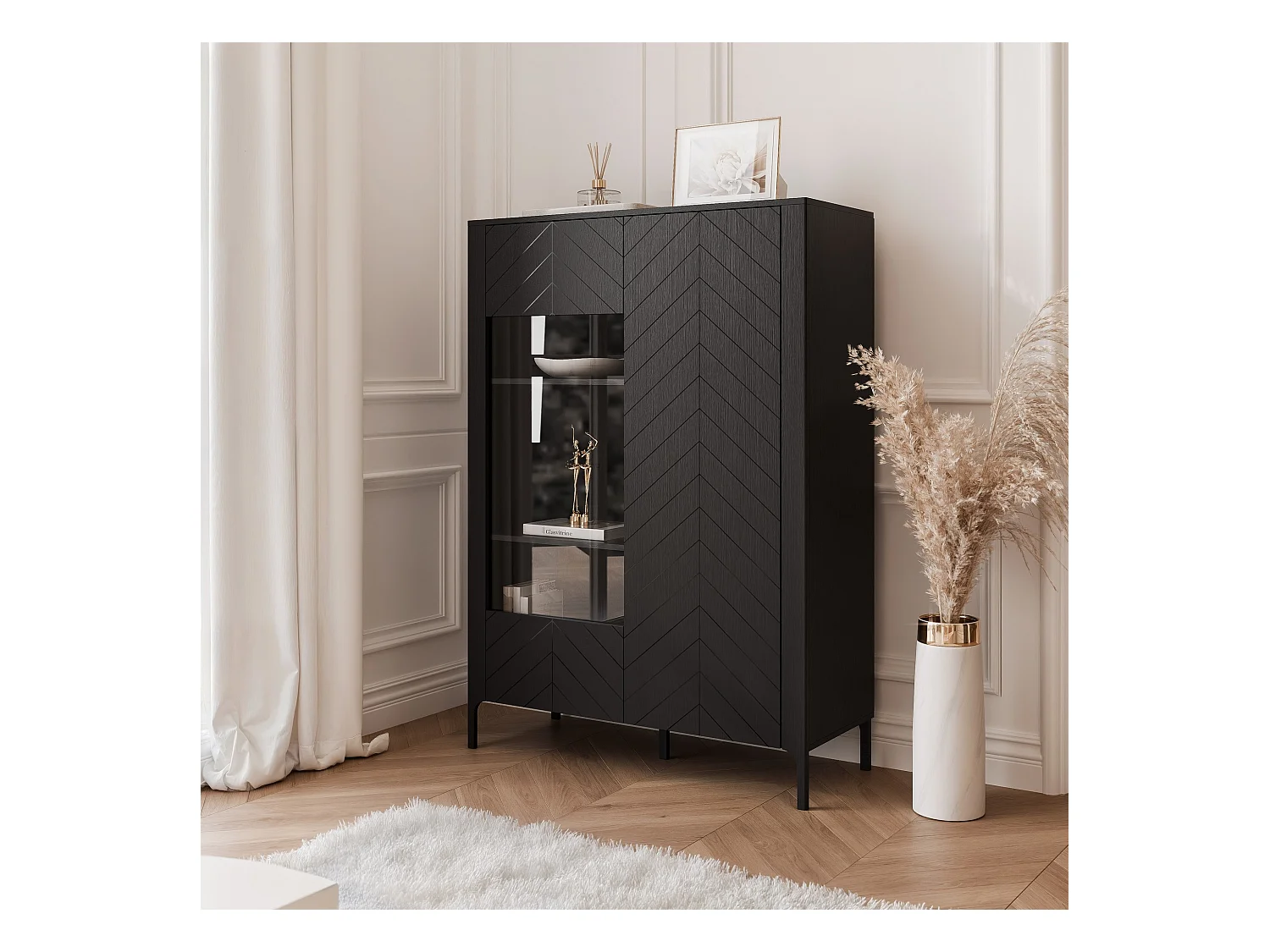 Vitrine moderne à chevrons avec 2 portes - Noir - LORIEN