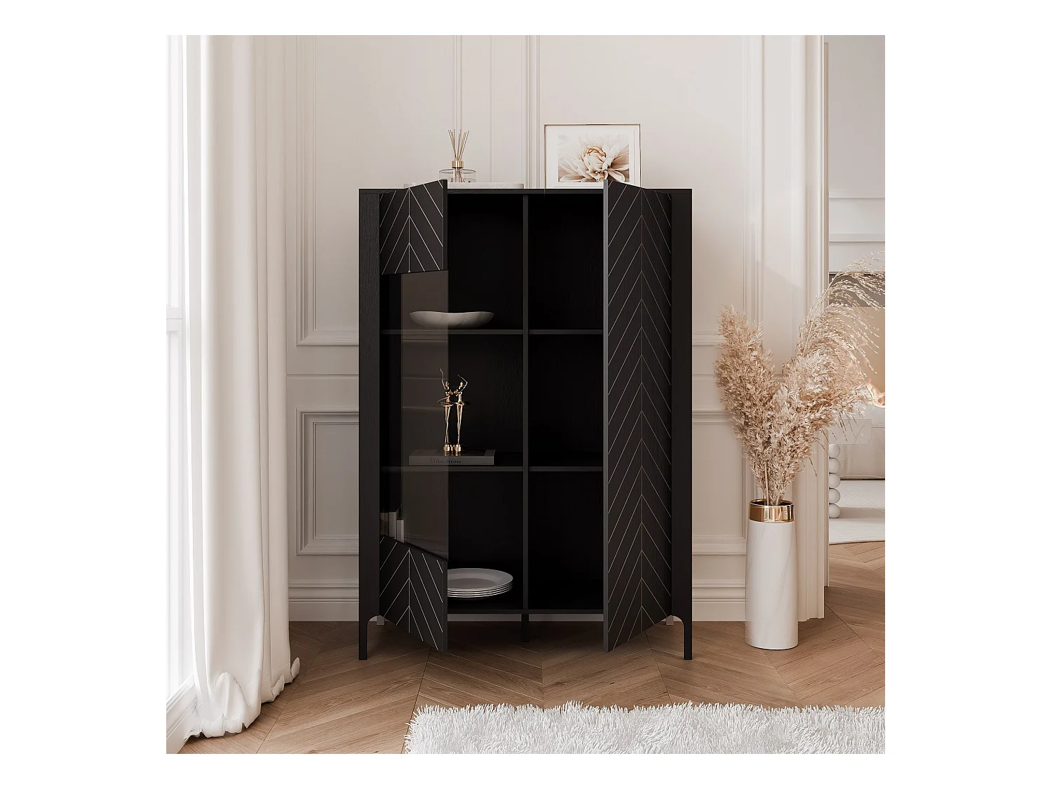 Vitrine moderne à chevrons avec 2 portes - Noir - LORIEN