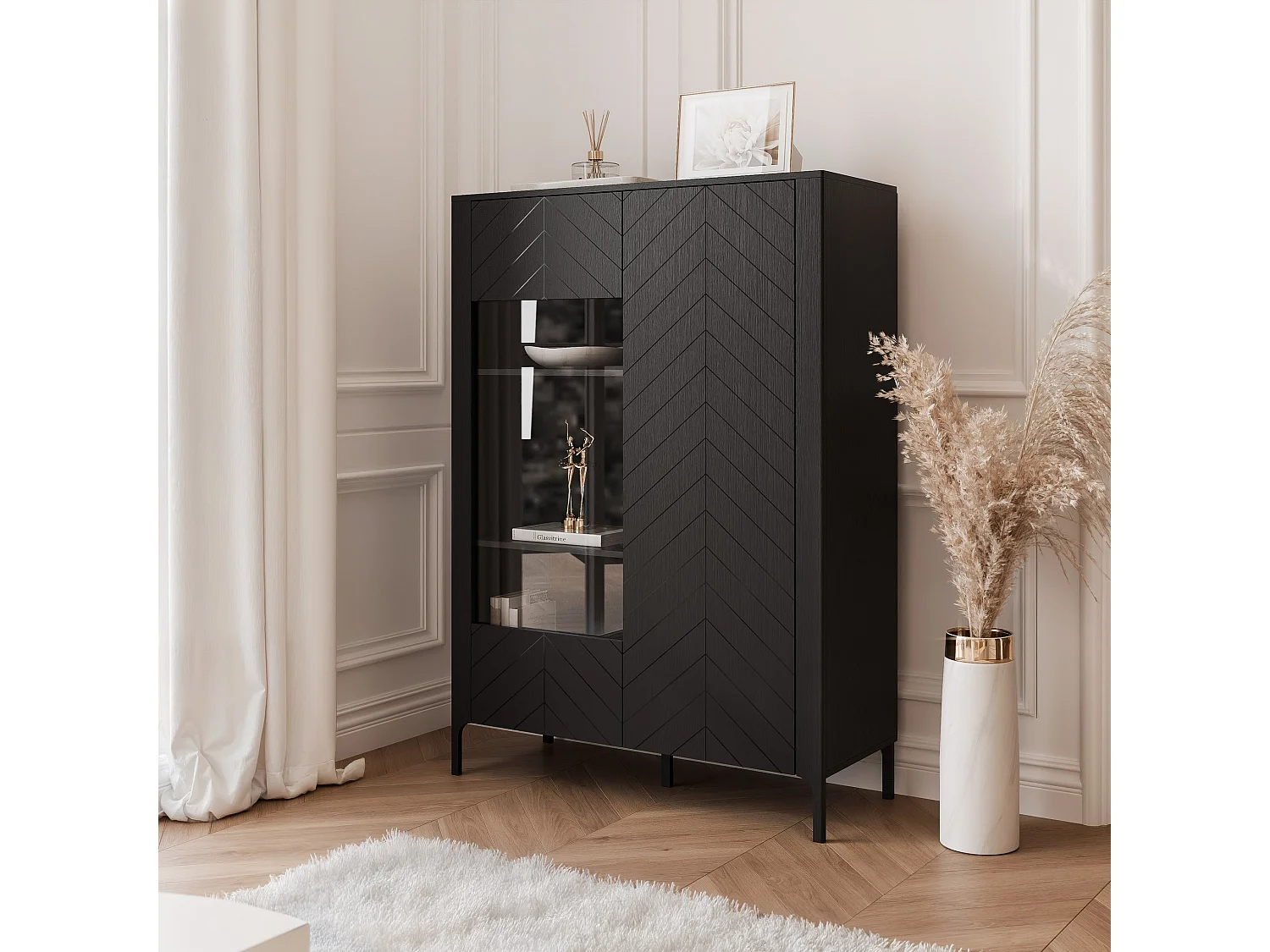 Vitrine moderne à chevrons avec 2 portes - Noir - LORIEN