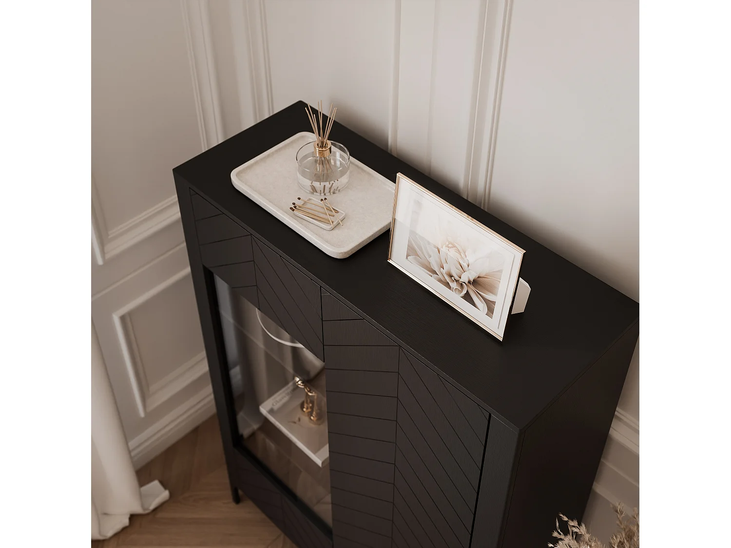 Vitrine moderne à chevrons avec 2 portes - Noir - LORIEN