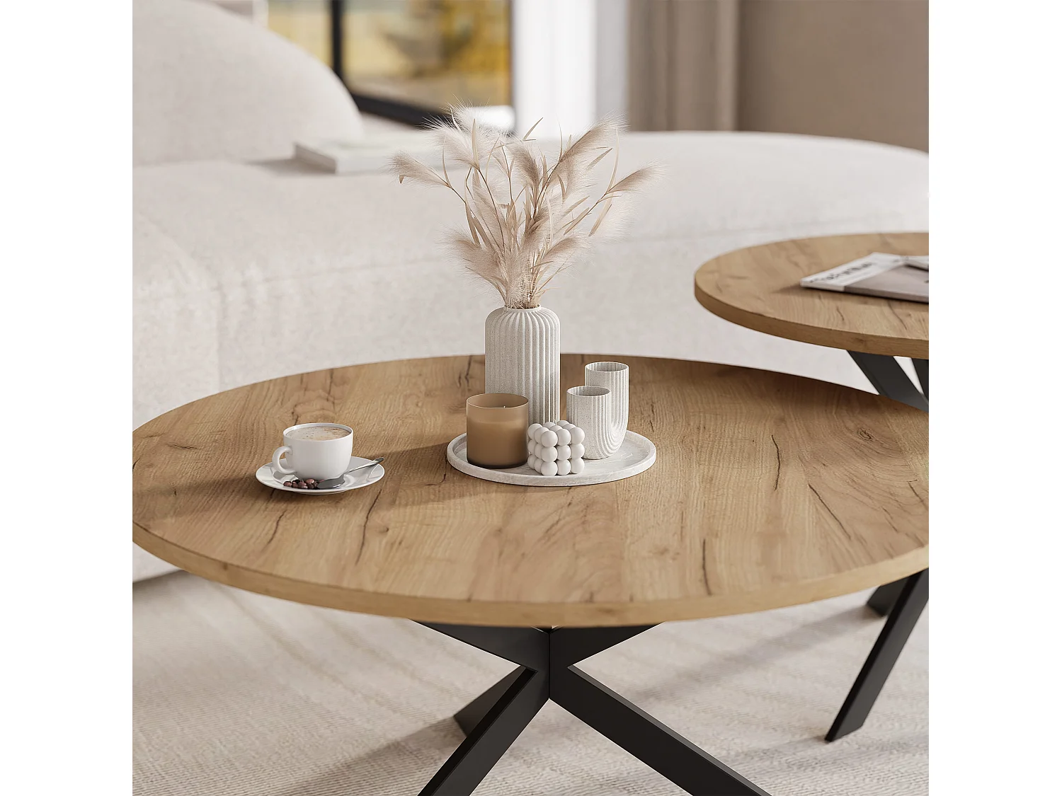 Tables basses gigognes LIBERO - chêne Kraft et métal noir