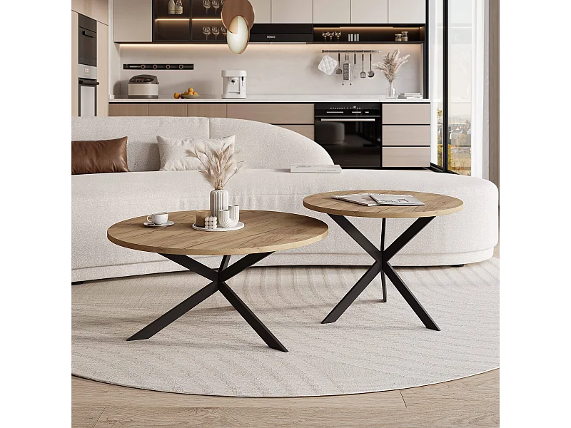 Tables basses gigognes LIBERO - chêne Kraft et métal noir