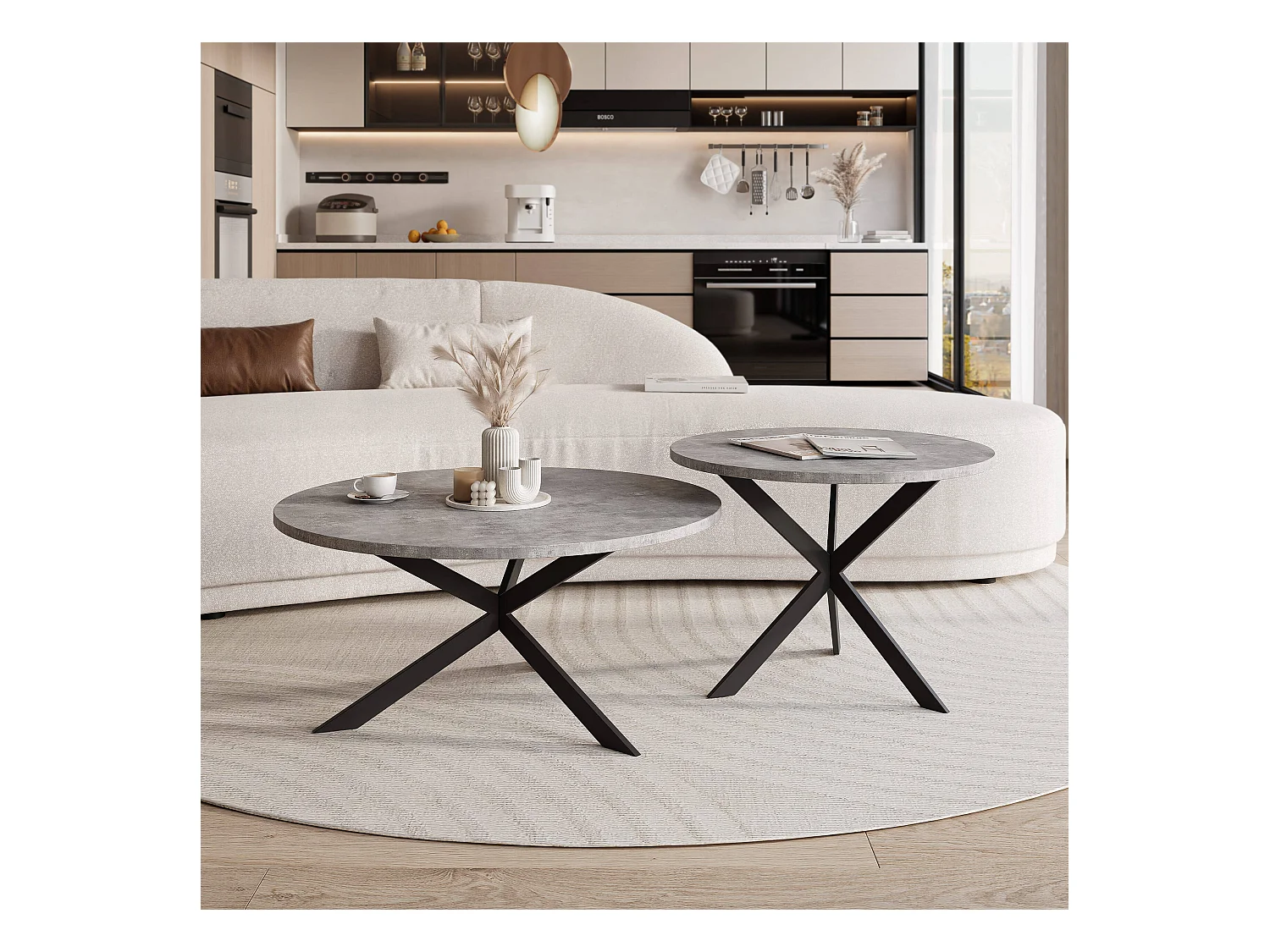 Tables basses gigognes LIBERO - gris et métal noir