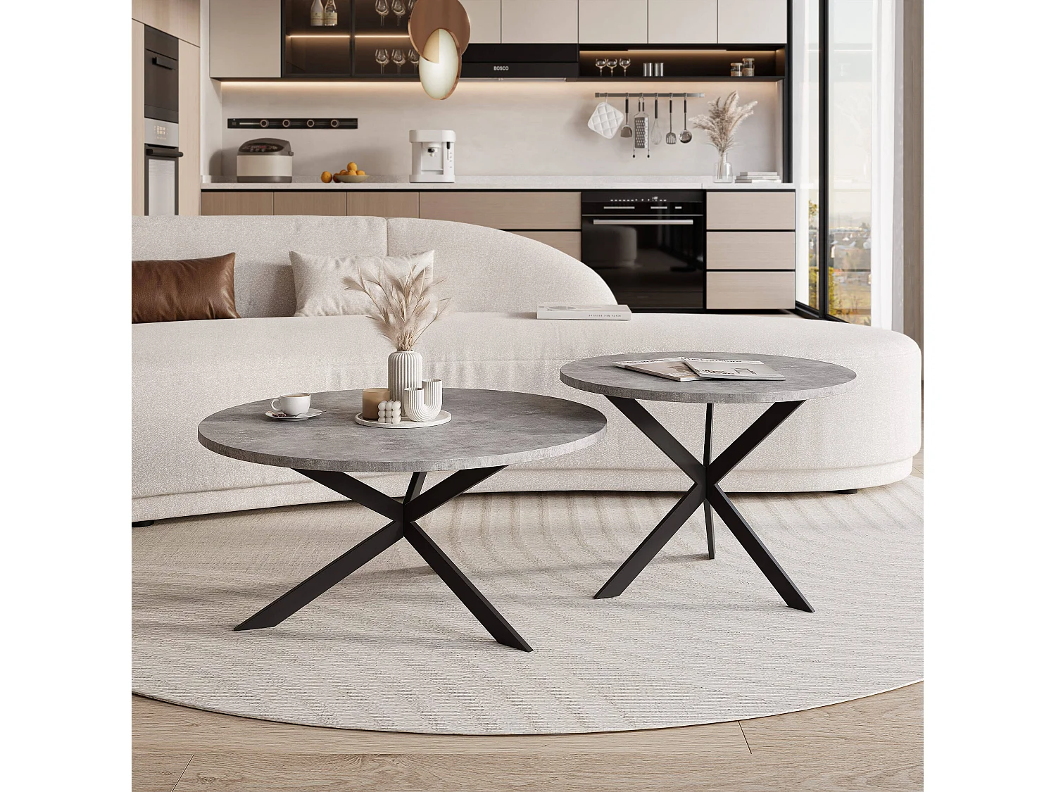 Tables basses gigognes LIBERO - gris et métal noir